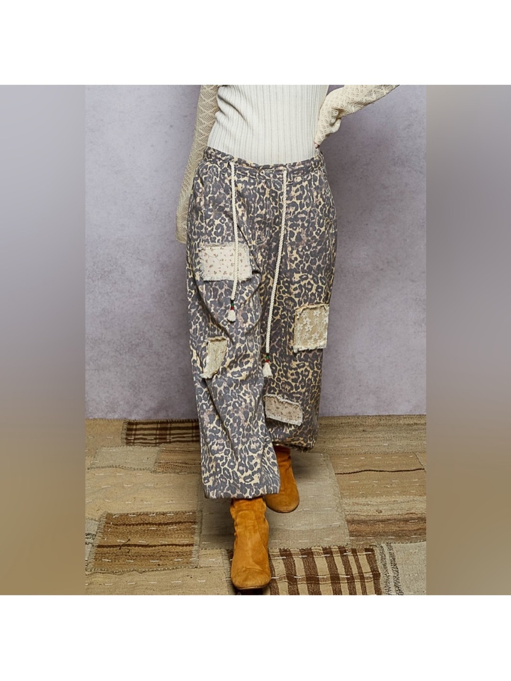 POL Leopard Patchwork and Lace Joggers